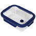 A glass lunch box with a navy blue lid and a vent hole, featuring a transparent container.