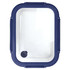 A glass lunch box with a navy blue lid and transparent container, featuring a small round vent.