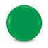 A green frisbee with a smooth, circular design and subtle grooves around the edge. It features a logo.