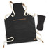 A dark denim apron with cream straps and a pocket, accompanied by a matching dark oven mitt.