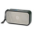 A rectangular black and silver speaker with a textured front grill and a branding logo on top.