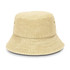 A beige bucket hat with a textured finish and a logo, featuring a wide brim.