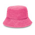 A pink bucket hat with a textured finish and a wide brim, featuring eyelets for ventilation.