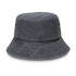 A grey bucket hat with a textured design and a circular brim, featuring ventilation holes and a logo.