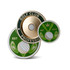 Three round poker chip ball markers in green and gold featuring golf-themed designs and a logo.