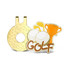 A gold hard enamel golf hat clip featuring a golf ball and trophy design with the word "GOLF" in brown and orange.
