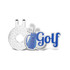 A hard enamel golf hat clip featuring a golf bag and 'Golf' text in blue, on a silver clip with a dotted design.