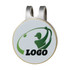 A round golf hat clip with a silver finish, featuring a logo and green graphic of a golfer.
