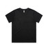 A black t-shirt with short sleeves and a round neck, featuring a logo on the inside label.
