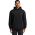 A black hoodie with a front pocket and a hood, featuring a logo on the front.