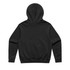 A black hoodie with a full back and a hood, featuring a ribbed waistband. It has a logo at the back.