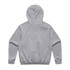 A grey hoodie with a back view, featuring a hood and a simple design. It includes a logo on the garment.