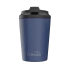 A drink bottle in blue with a black lid, featuring a logo on the front.