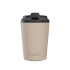 A reusable cup in beige with a black lid, featuring a logo. Holds 230ml (8oz) of liquid.