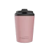 A reusable cup in soft pink with a black lid, featuring a logo on the front.