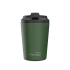 A green reusable cup with a black lid and a logo on the side. Suitable for various beverages.