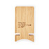 A bamboo wireless charging stand with a sleek design and a natural finish. It has a logo and specifications on the back.