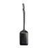A black leather luggage tag features a braided strap and a logo. The design is sleek and minimalist.