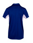 A navy blue men's polo shirt with white accents on the sides and a collar, featuring a logo.