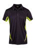 A black polo shirt with vibrant lime green accents and a logo on the chest. Suitable for active wear.