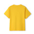 A yellow kids' regular T-shirt with short sleeves and a plain back, featuring a logo.