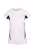 A white women's T-shirt with black side panels and a fitted design, featuring a logo on the front.