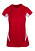 A red women's T-shirt with short sleeves and white side panels, featuring a logo on the front.