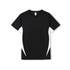 A black men's T-shirt with white side accents and a logo on the front. Suitable for active wear.