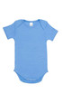 A baby short sleeve romper in light blue, featuring snap closures at the bottom and a soft fabric.
