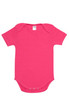 A pink baby short sleeve romper with snap closures at the bottom and a rounded neckline.