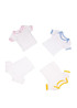 A collection of baby short sleeve tees in white, featuring pink, blue, and yellow trimmed collars. Each tee has a logo.