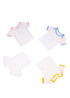 A set of baby short sleeve tees in white, with pink, blue, and yellow trims, featuring a logo on one shirt.