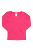 A pink long-sleeve T-shirt for babies, featuring a simple design and a label tag.