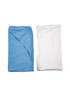 A baby blanket set featuring a blue and a white blanket, neatly folded side by side. Each blanket has a smooth texture.