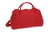 A red duffle bag with two handles and a removable shoulder strap, featuring a logo on the front.