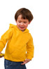 A yellow baby fleece hoodie with a front pocket, worn by a child playing with a toy car.