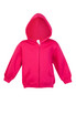 A pink fleece baby zip hoodie with a hood and front pockets, featuring a logo.