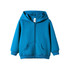 A blue fleece baby zip hoodie with a hood and front pockets, featuring a logo.