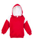 A red hoodie with white contrast panels and a front pocket, featuring a hood and long sleeves.