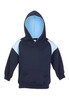 A navy hoodie with light blue contrast panels and a hood, featuring a front pocket and branding.