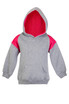 A grey hoodie with pink contrast panels on the shoulders and a large hood, featuring a front pocket.