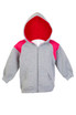 A grey hoodie with pink contrast panels and a red-lined hood, featuring a zipper and front pockets.