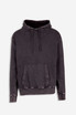 A men's stone wash fleece hoodie in dark grey with a front pocket and drawstring hood, featuring a logo.