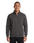 A navy blue men's half zip fleece jumper displayed on a model, featuring a zippered neck and side pockets.