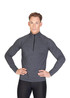 A grey half zip mock neck jumper for men, featuring long sleeves and a fitted design. It has a logo on it.