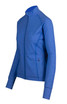 A blue heather jacket with a zip closure, long sleeves, and side pockets, featuring a logo on the chest.