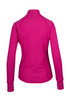A women's jacket in heathered pink with a high collar and fitted design. Features long sleeves and a logo.