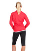 A red women's jacket with a high collar, featuring a logo, displayed from the back, paired with black leggings.