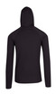 A black half-hooded jumper with long sleeves, featuring a simple, sleek design and a logo on the back.