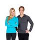 A blue women's half-hood top and a grey men's top, both featuring hoods and fitted designs.